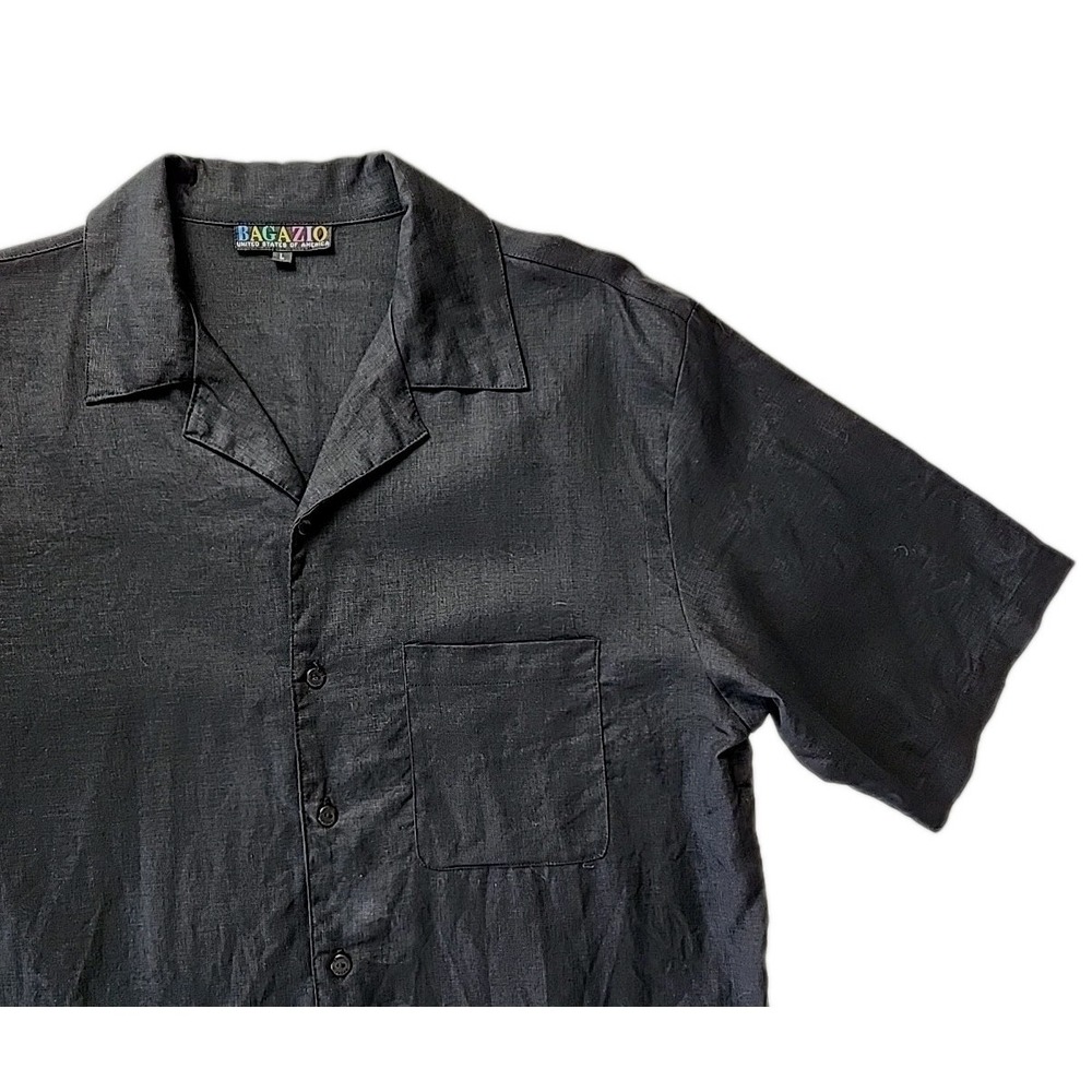 VTG Bagazio Men's Large 100% Linen Black Short Sleeve Button Up Shirt Y2K EUC